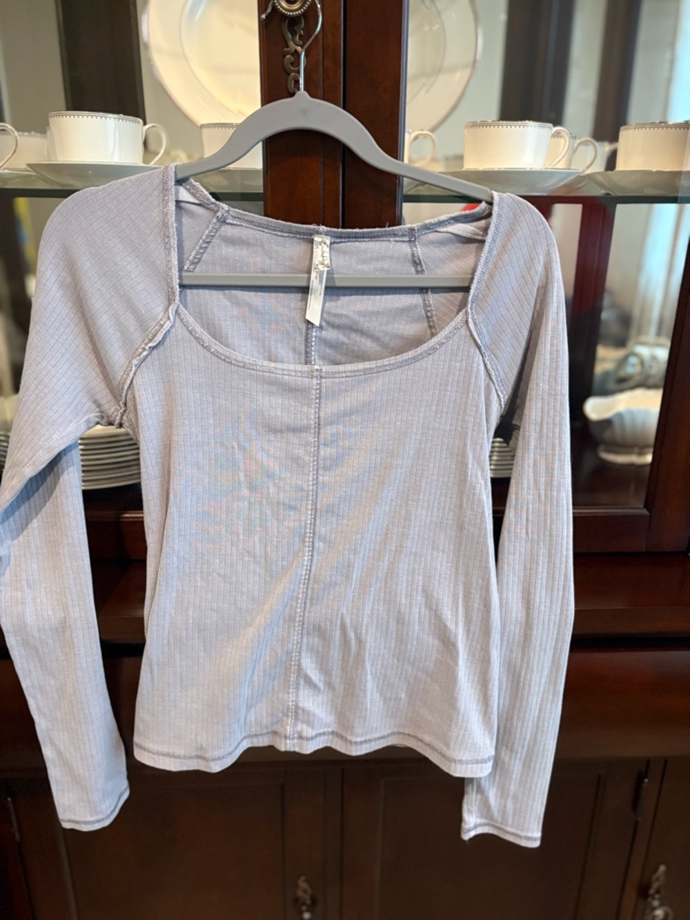 Free People Pale bluish Ribbed Scoop-Neck Long Sleeve Top